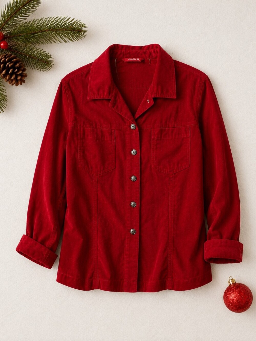 Chicos Vibrant Red Soft Cotton Corduroy L Sleeve Button Jacket. Chicos 2(12)